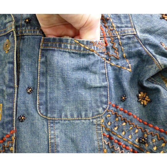 Chicos Design Embellished Denim Jacket Beaded Floral Embroidery Button Front Wom - Picture 9 of 15